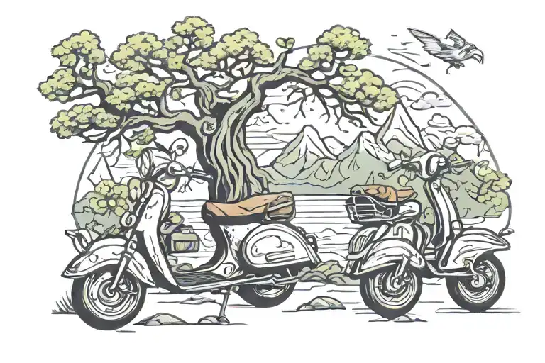mountain tree scooter tattoo design idea