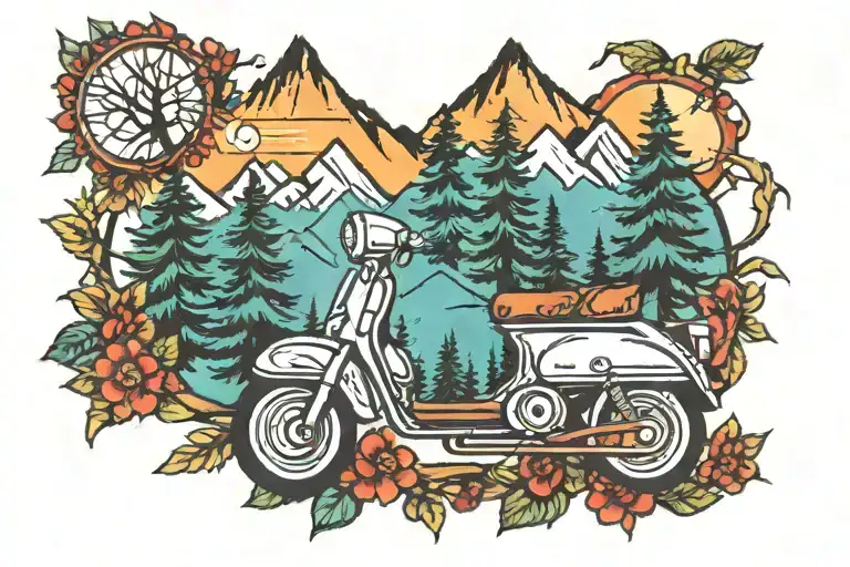 mountain trees scooter tattoo design idea