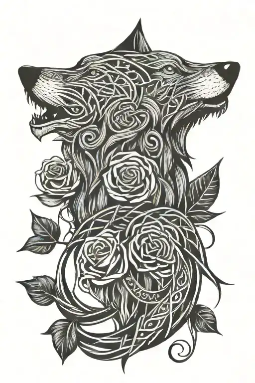 Celtic wolf and rose intertwined tattoo design idea
