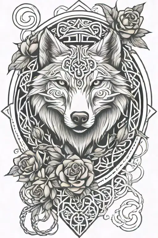 Celtic wolf and rose intertwined tattoo design idea