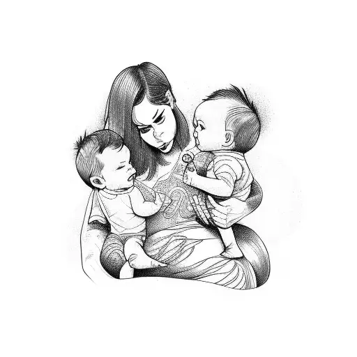 mom with baby boy and young daughter tattoo design idea