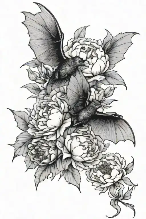 peonies w bat flying tattoo design idea