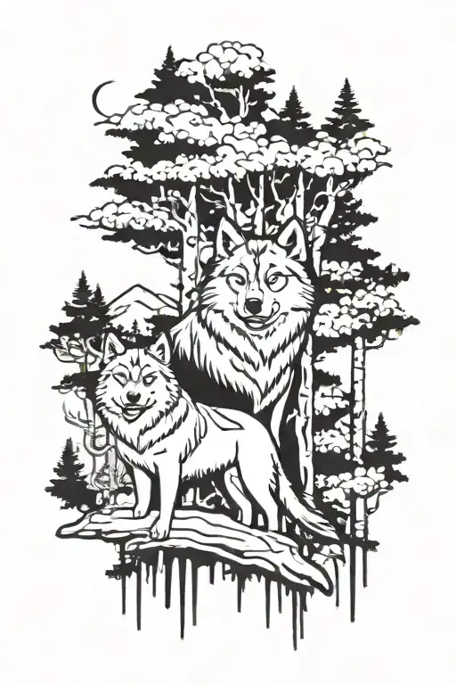 aspen trees whith a akita  tattoo design idea