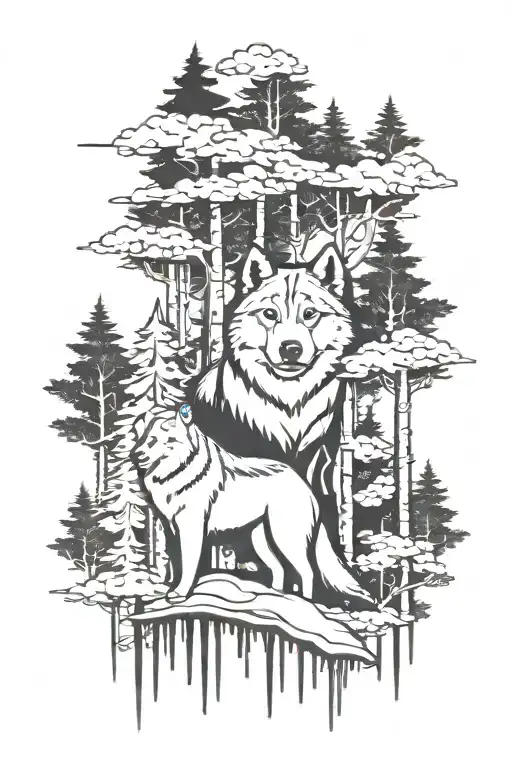 aspen trees whith a akita  tattoo design idea