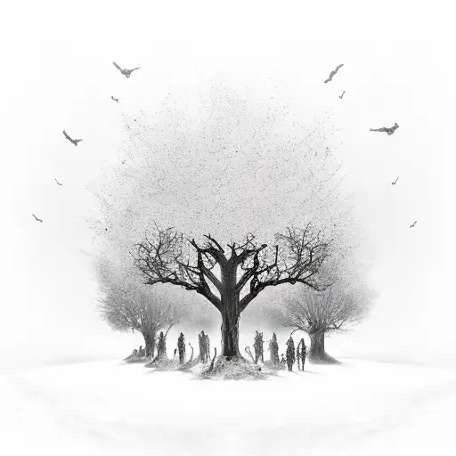 apocalyptic landscape with a horde of zombies, with a tree in the background with bodies hanging from a branch tattoo design idea