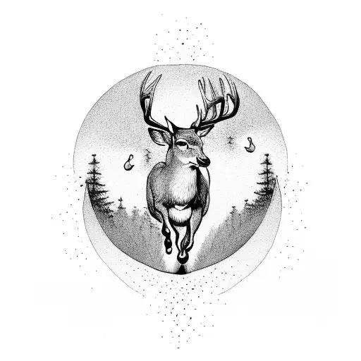 A serene landscape with a deer gracefully leaping over a stream tattoo design idea