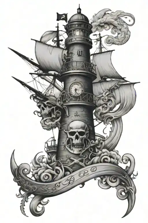 Pirate theme sleeve tattoo design featuring lighthouse and ship and a kracken tattoo design idea