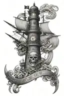 Pirate theme sleeve tattoo design featuring lighthouse and ship and a kracken tattoo design idea