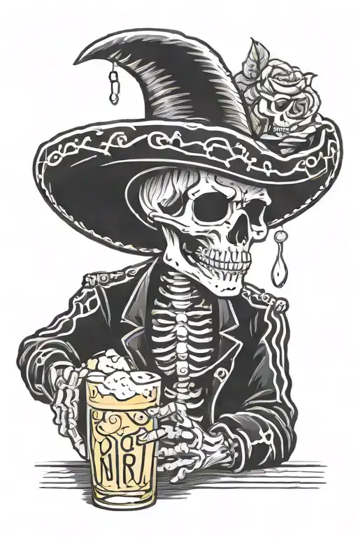  drawing of a sad skeleton charro, at the bar with a beer ( cartoon drawing) ( black and white drawing tattoo design idea