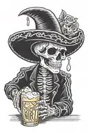  drawing of a sad skeleton charro, at the bar with a beer ( cartoon drawing) ( black and white drawing tattoo design idea