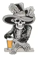  drawing of a sad skeleton charro, at the bar with a beer ( cartoon drawing) ( black and white drawing tattoo design idea