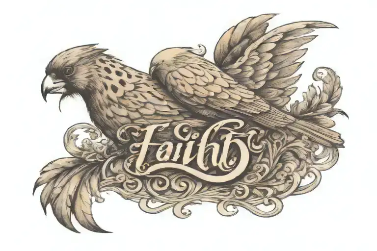 Faith written out with a cardinal coming of a loop of the H and leapord print  tattoo design idea