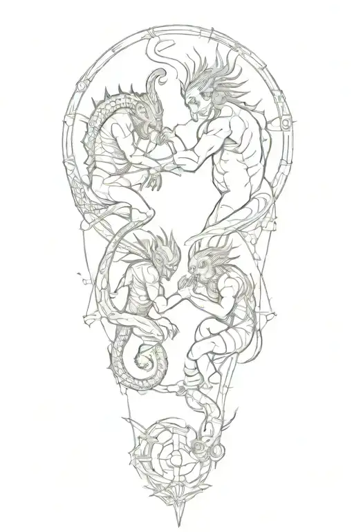 Scorpio and Pisces boys surrounded by elements tattoo design idea