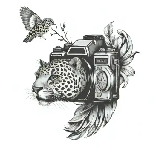 A camera cardinal faith and leopard print tattoo design idea