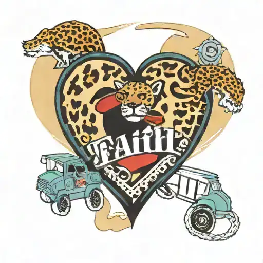 A traditional style tattoo of a leopard print heart with the word 'faith' incorporated into the design, surrounded by children's toys tattoo design idea
