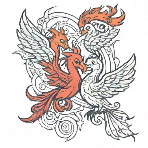 two baby pheonix morphing into  pisces and scorpio zodiac sign tattoo design idea