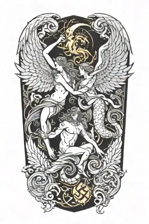 pisces and scorpio zodiac signs with a guardian angel  tattoo design idea