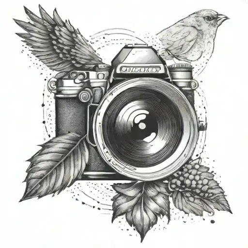A camera lens morphing into a cardinal bird, symbolizing the client's passion for photography and faith tattoo design idea