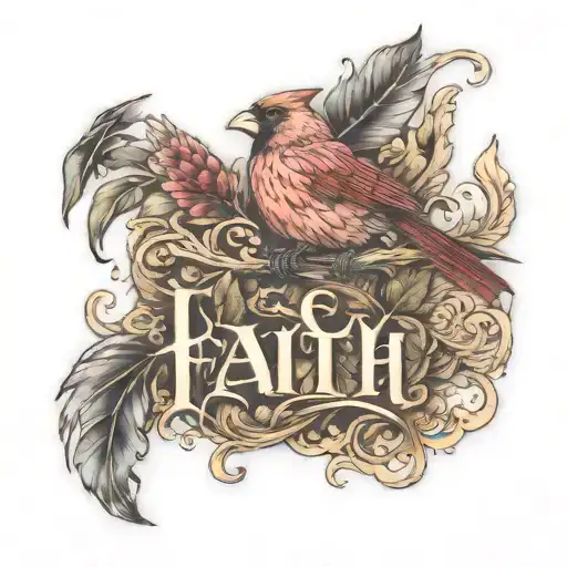 Faith written out with a cardinal coming of a loop of the H and leapord print  tattoo design idea
