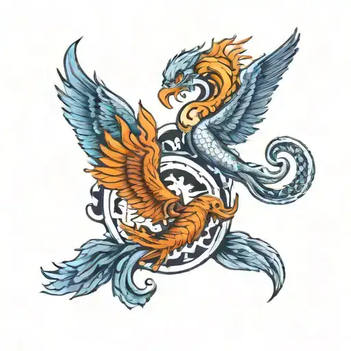 two phoenix morphing into a Pisces and Scorpio zodiac signs tattoo design idea