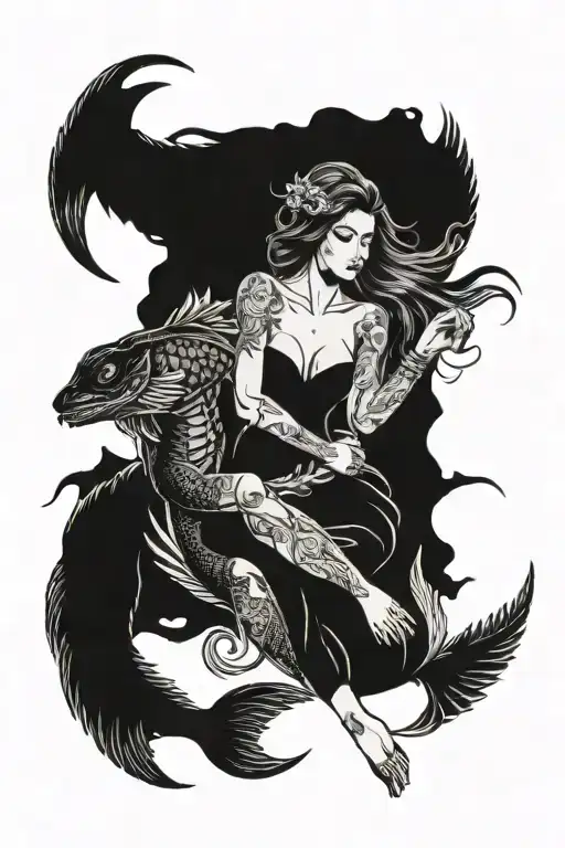 pisces and scorpio zodiac signs with a guardian ange libral holding tattoo design idea