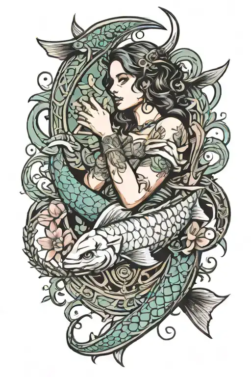 pisces and scorpio zodiac signs with a guardian ange libral holding tattoo design idea