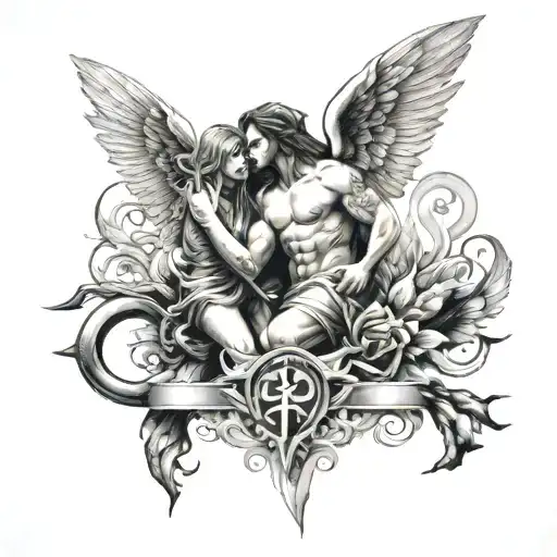 pisces and scorpio zodiac signs with a guardian angel protecting tattoo design idea