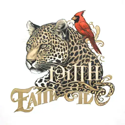  faith word  with a leopard print cardinal  tattoo design idea