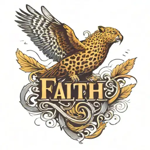 a reb bird flying through the word FAITH with leopard print  tattoo design idea