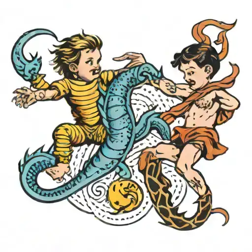 and scorpio and pisces children playing tattoo design idea
