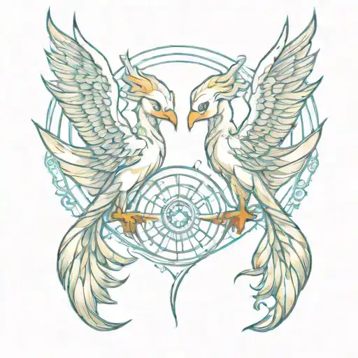 two baby pheonix morphing into  pisces and scorpio zodiac sign tattoo design idea