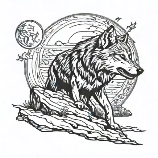A wolf pack howling at the moon with Viking ruins in the background tattoo design idea