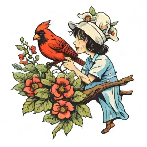 A whimsical scene of a nurse caring for a child, with a cardinal bird perched on a nearby tree branch tattoo design idea