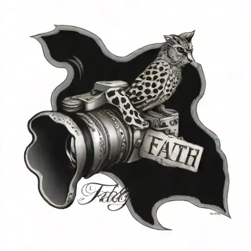 A camera, cardinal with leopard print and the word faith tattoo design idea