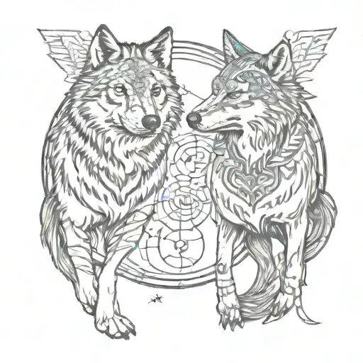 two wolves with Scorpio and Pisces zodiac signs incorporated  tattoo design idea