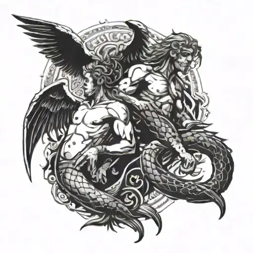 pisces and scorpio zodiac signs with a guardian angel protecting tattoo design idea