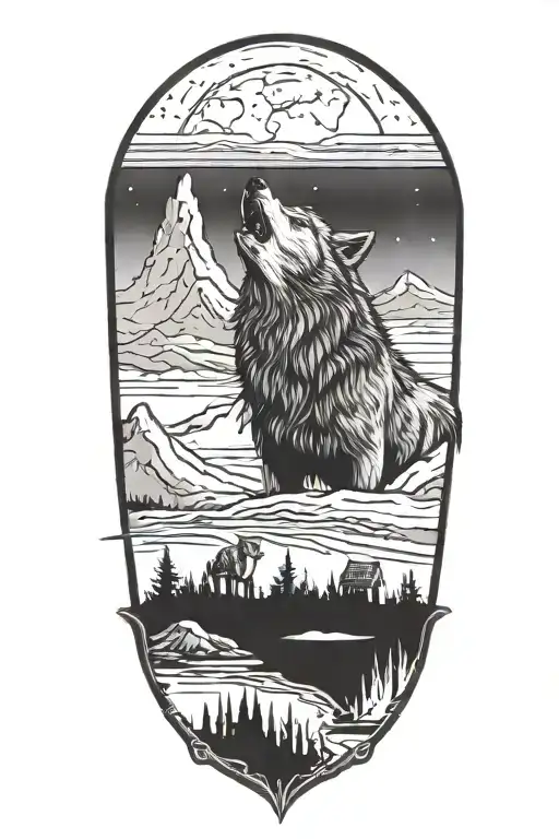 A wolf pack howling at the moon with Viking ruins in the background tattoo design idea
