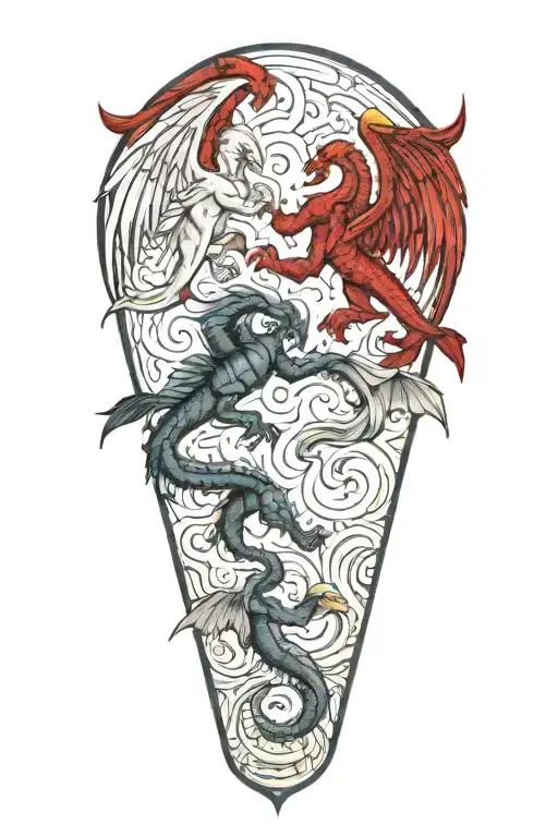 Scorpio and Pisces protected by angels fighting demons tattoo design idea
