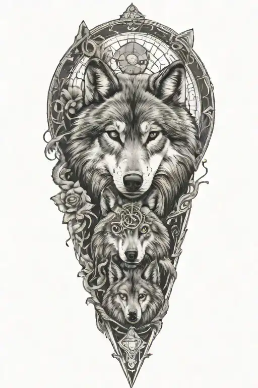 A wolf protecting his family with the zodiac signs for Pisces and Scorpio in the background  tattoo design idea
