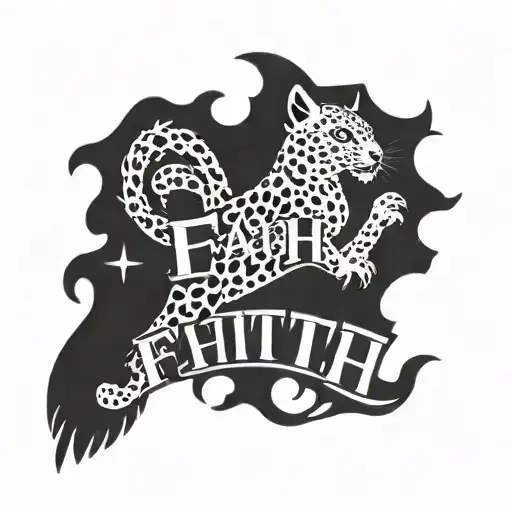 a reb bird flying through the word FAITH with leopard print  tattoo design idea