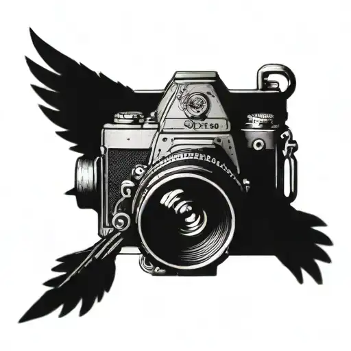 A cardinal bird perched on a camera lens, symbolizing faith in photography tattoo design idea