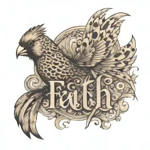a cardinal flying spelling out the word faith with leopord print lettering tattoo design idea
