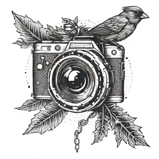 A camera lens morphing into a cardinal bird, symbolizing the client's passion for photography and faith tattoo design idea