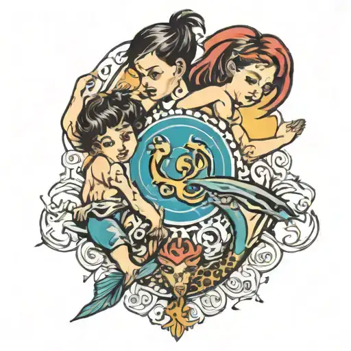 and scorpio and pisces children playing tattoo design idea