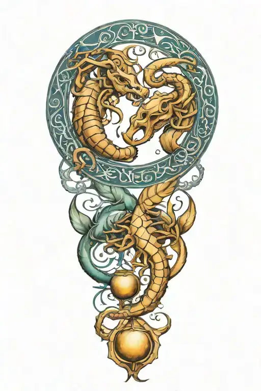 Scorpio and Pisces zodiac signs intertwined protected by Virgo tattoo design idea