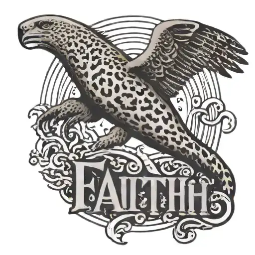 a reb bird flying through the word FAITH with leopard print  tattoo design idea