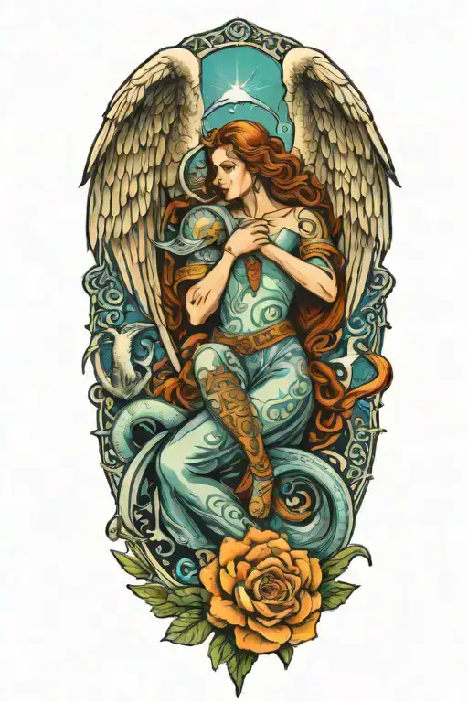 pisces and scorpio zodiac signs with a guardian angel watching tattoo design idea