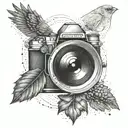 A camera lens morphing into a cardinal bird, symbolizing the client's passion for photography and faith tattoo design idea