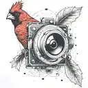 A camera lens morphing into a cardinal bird, symbolizing the client's passion for photography and faith tattoo design idea