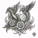 two phoenix rising from the ashes forming the Pisces and Scorpio zodiac  tattoo design idea